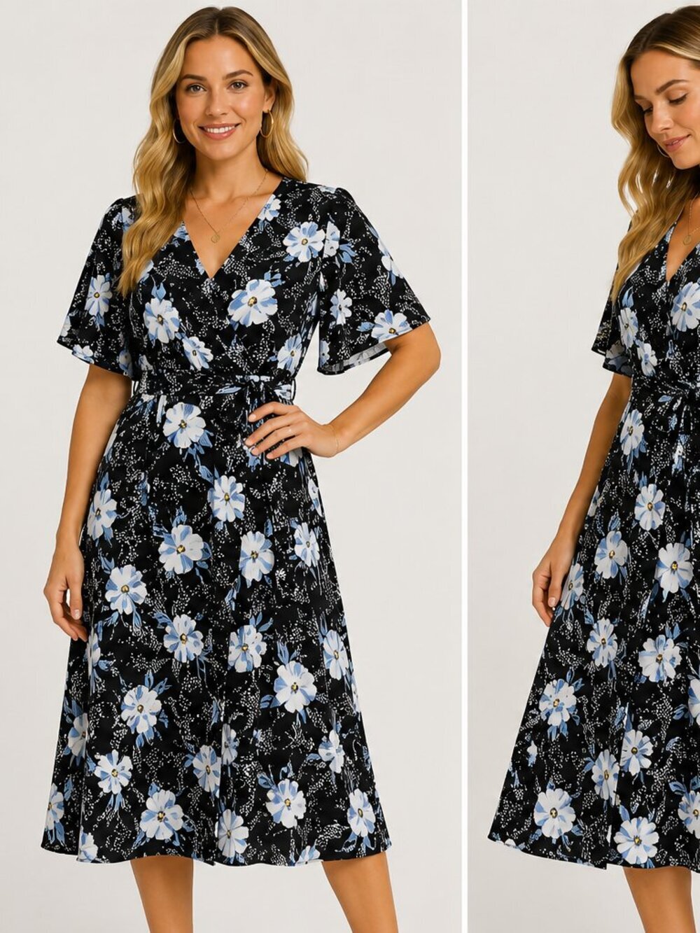 Cathy Women's XL Black Blue Floral Faux Wrap Midi Dress Short Sleeve Stretch
